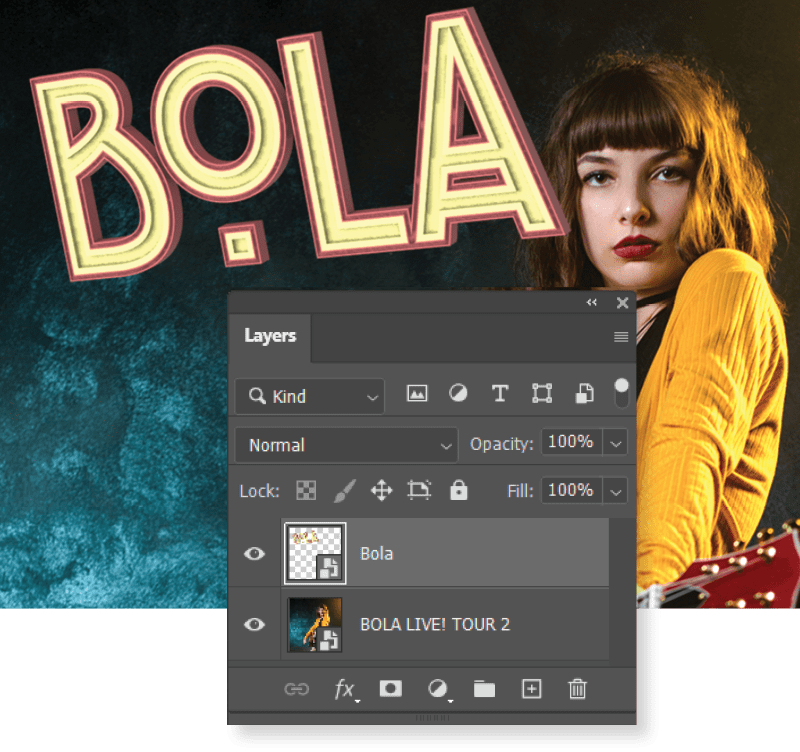 "BOLA" lettering in yellow with red stroke, extruded, textured, and rotated; lettering superimposed on photo of girl in yellow shirt holding guitar and looking straight on at viewer. Layers panel : Normal selected. Opacity: 100%. Fill: 100%. Two layers, both turned on. Bola and BOLA LIVE! TOUR 2.