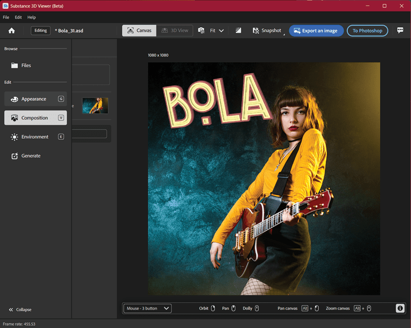 / Screenshot from Substance 3d Viewer (Beta). Left menu: Composition is selected. Top menu: Canvas is selected. Solid blue button: Export an image. Hollow blue button: To Photoshop. 1080x1080 preview shows image of girl with guitar as in Figure 17.