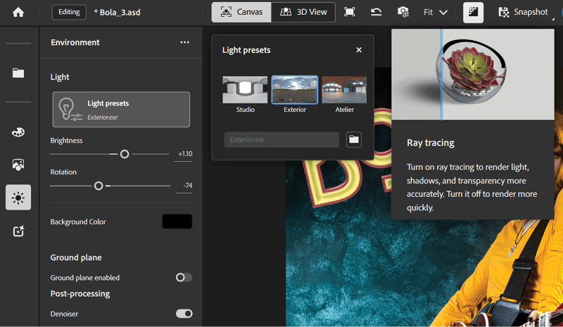 Sunshine icon on left margin highlighted. Top bar shows filename Bola_3.asd. Canvas is selected. Ray Tracing icon is selected and tool instruction reads "Ray tracing: Turn on ray tracing to render light, shadows, and transparency more accurately. Turn it off to render more quickly." Light presets panel active, "Exterior" with thumbnail of blue sky and flat vista, is selected. Other options: Studio and Atelier. Menu toward left: Light presets: Exterior.exr is selected. Brightness +1.10; Rotation -74 Background Color black swatch. Post-processing — Denoiser is enabled.