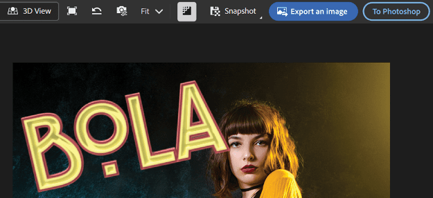 BOLA and girl again. Top menu: 3D View shows ray tracing icon selected. Solid blue button: Export an Image. Hollow blue button: To Photoshop.