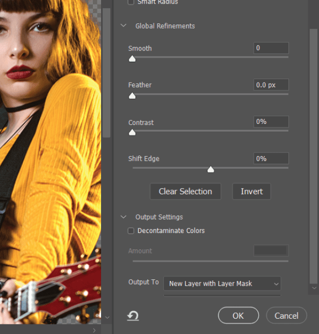 Same image of girl. Detail of dialog box: Global Refinements — Smooth 0; Feather 0.0 px; Contrast 0%; Shift Edge 0%;. Under Output Settings: Output To New Layer with Layer Mask selected in menu.