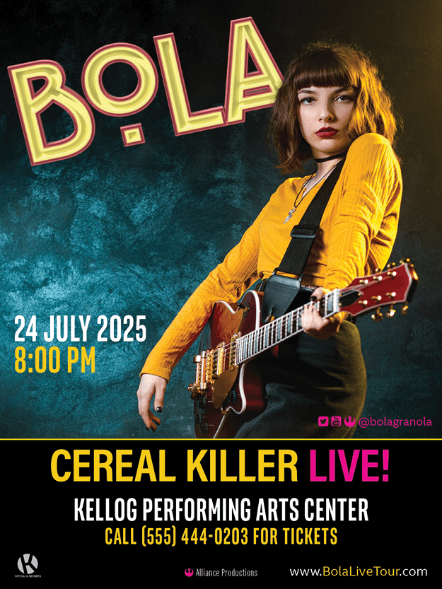 Variant of Figure 25 as vertical rectangle with social media icons, @bolagrande, CEREAL KILLER LIVE!KELLOG PERFORMING ARTS CENTER CALL (555) 444-0203 FOR TICKETSAlliance Productions www.BolaLiveTour.com.