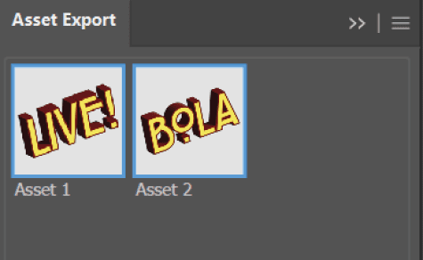 Asset Export panel shows two assets with square thumbnails: Text "LIVE!" labeled Asset 1 and "BOLA" labeled Asset 2.