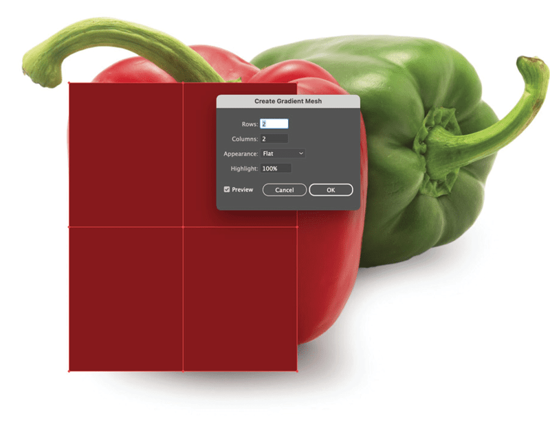 Red box with guides dividing it into four quadrants. Create Gradient Mesh dialog box shows Rows: 2 (highlighted), Columns: 2; Appearance: Flat; Highlight: 100%. Preview is turned on.