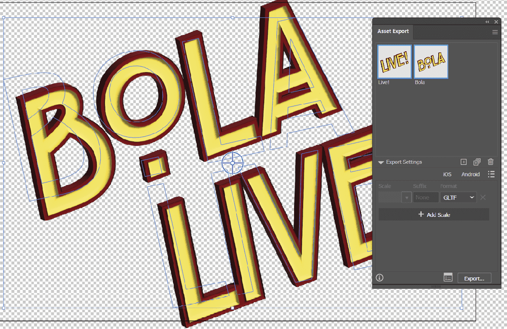 Atop art as in Figure 2, Asset Export panel shows assets as in Figure 4 (renamed to "Live!" and "Bola," respectively. Export Settings disclosure triangle shows panel with menus for file formats, GLTF selected. Button for "+ Add Scale" exposed.