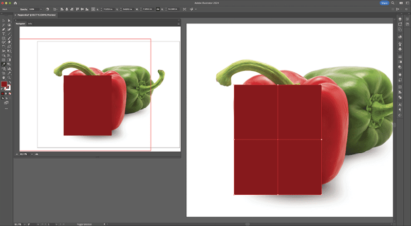 Illustrator artboard with guides with Navigator panel at left blown up to show huge preview.