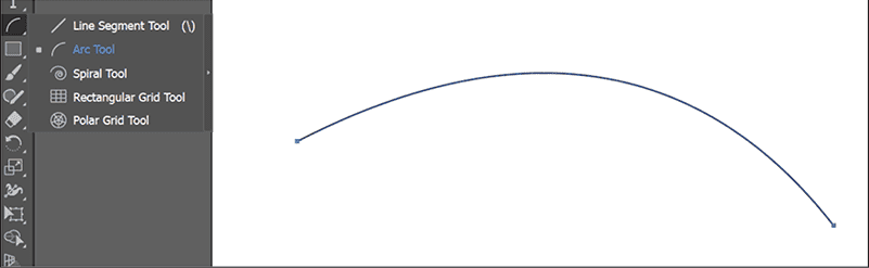 Black rule with simple Bezier curve and the Arc Tool selected from Illustrator's toolbar.