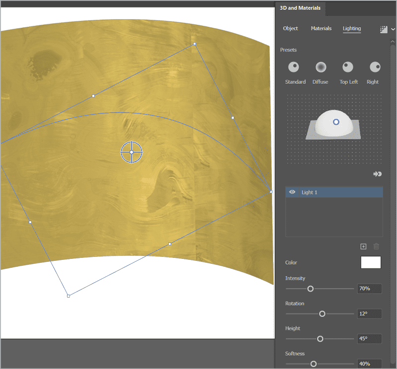 Figure 8 solid gold is now a variegated surface of different tones swirled throughout. 3D and Materials panel shows Lighting tab. Presets "Light 1" selected in menu with eyeball icon. Color: white. Intensity, 70%. Rotation, 12°, Height, 45°. Softness, 40%.
