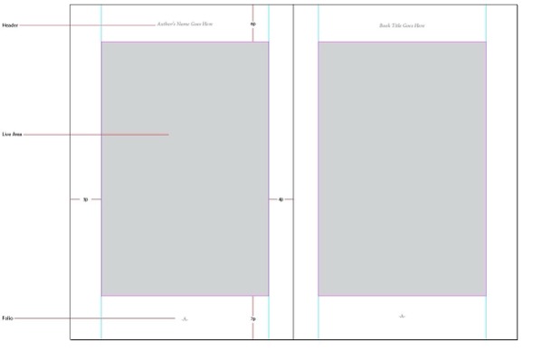 screen shot of facing book pages with specs marked up for header, live area, margins, folio.