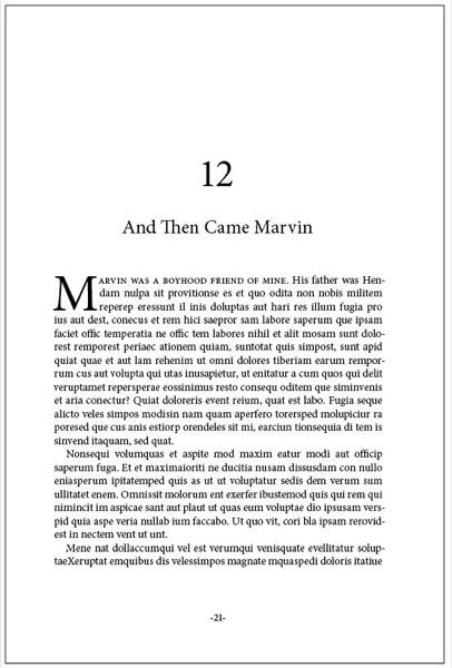 Book page chapter opener shows chapter 12, titled "And Then Came Marvin" with running text starting with drop cap. Number starts about 1/3 from top of page. No top folio, page number centered on bottom of page.