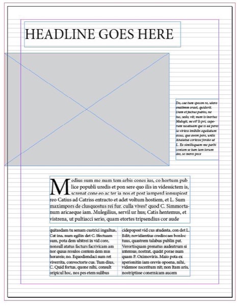 Screenshot of InDesign page with page elements floating within a vague live area.