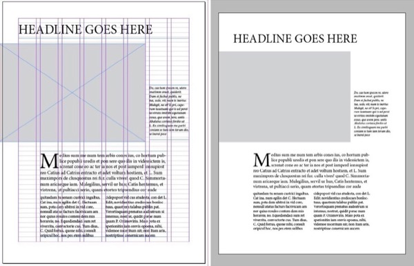 Left image shows screenshot of InDesign page with example from figure 6 built on a 8-column grid. Right image shows page without guides or frame edges.