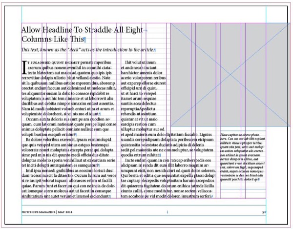Horizontal InDesign page built on 10 column grid with two text columns (built on four columns) and a 2-column space for marginalia.