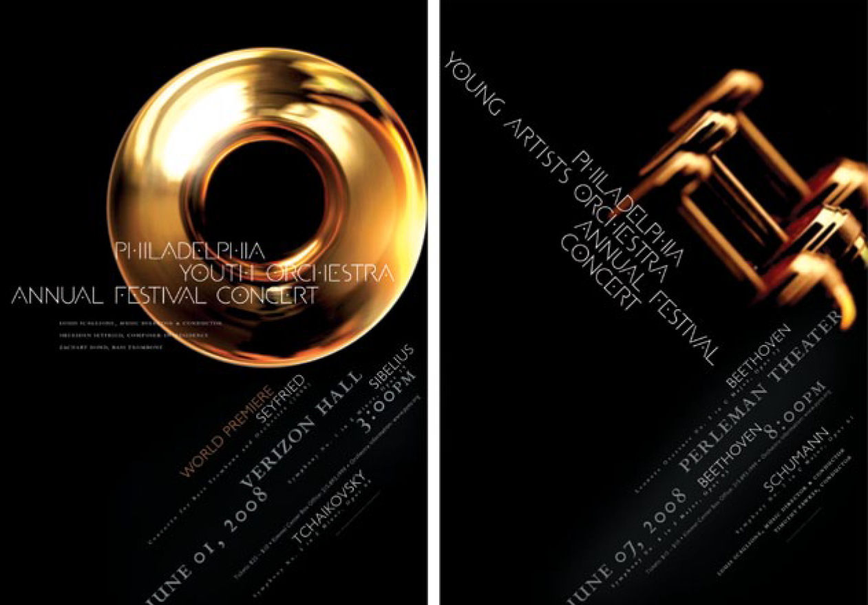Two posters, side by side . Both are solid black with details of a brass trumpet. Left poster for PHILADELPLIA YOUTE ORCHESTRA ANNUAL FESTIVAL CONCERT shows a full-on look into the trumpet's bell. Concert details rotated approximately -30 degrees. Right poster for YOUNG ARTISTS ORCHESTRA CONCERTPHILADELPHIA
<!--more-- srcset=