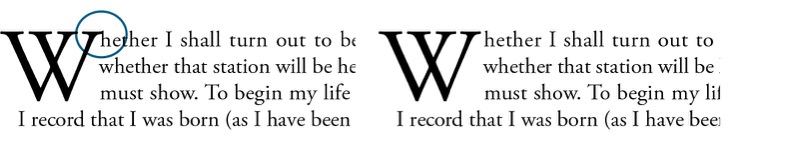 Before and after with kerning a drop cap. Call out on left example shows drop cap colliding with first line.