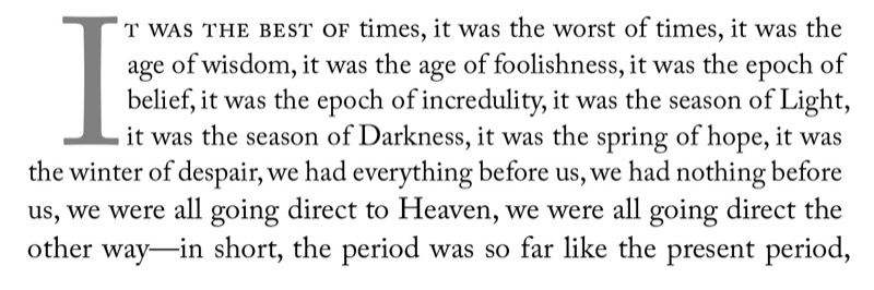 Paragraph of text with four-line drop cap indented from left margin approximately 1 thin space. Drop cap (I) is approximately 50% gray.