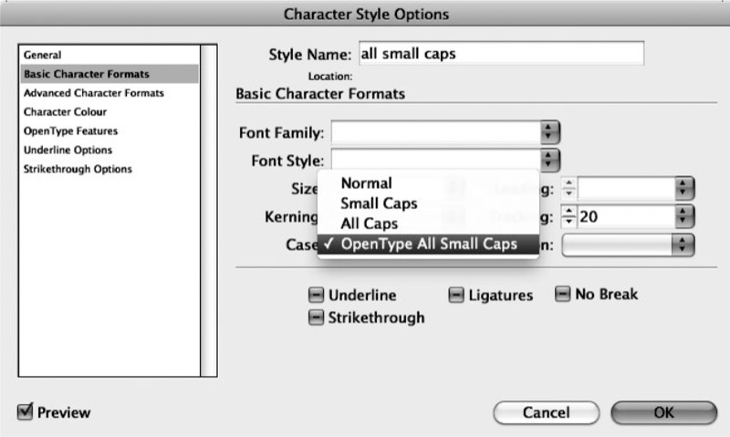 Character style options dialog. ox show selection of OpenType All Small Caps for Font Style in defining the character style "all small caps"