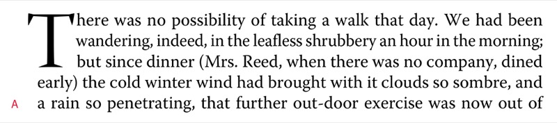 /////Sample text of five lines with three-line drop cap.