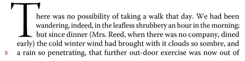 Sample text of five lines shows three-line drop cap enlarged so cap height of drop cap is approximately one line higher than the start of the paragraph text.