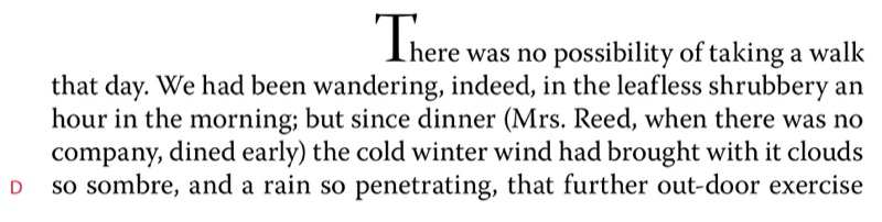 Same as figure C, but with large first-line indent so the text starts at apprximately the center point of the text block.