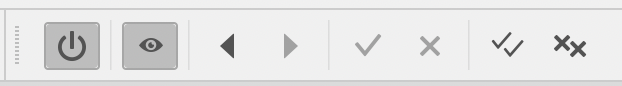 Screenshot of a toolbar that has on/off icon, eyeball icon, left arrow, right arrow, checkmark, cross (x), double checkmark, double cross.