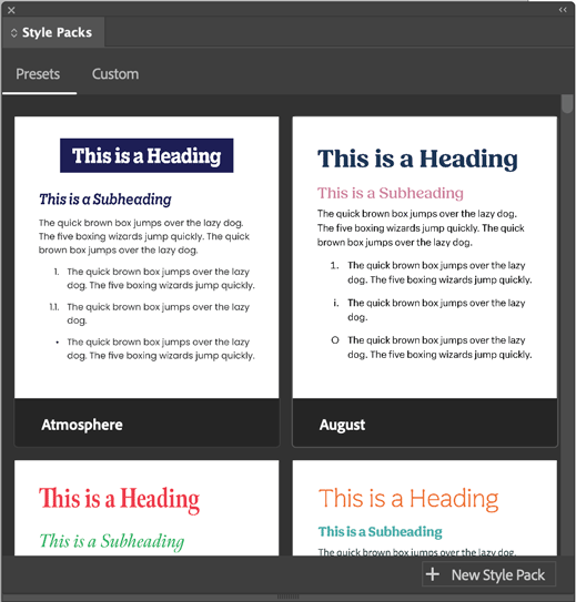Adobe InDesign Style Packs panel
