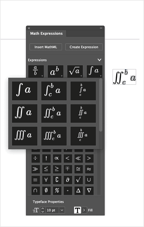 Math Expressions panel in InDesign showing calculus expressions