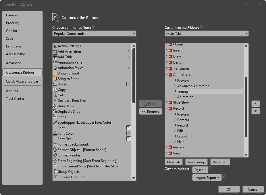 PowerPoint customize ribbon on PC