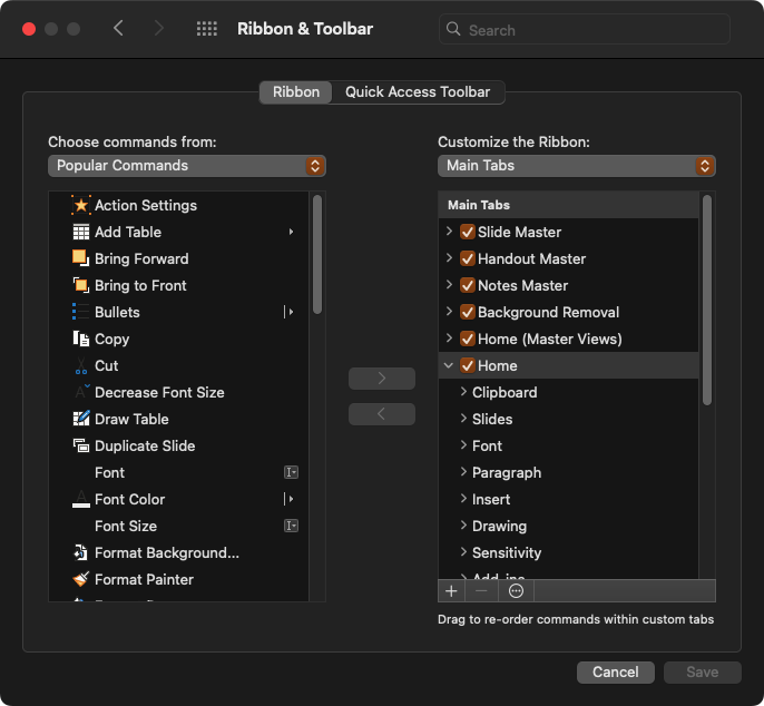 PowerPoint customize ribbon on Mac