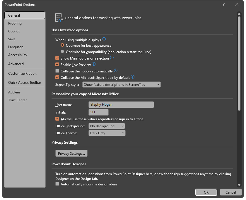 PowerPoint General options on PC