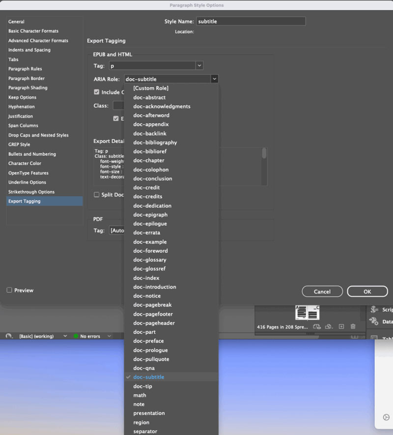Screenshot from the paragraph style options in InDesign showing a drop-down menu of the roles that one might apply to a paragraph style with doc-subtitle highlighted