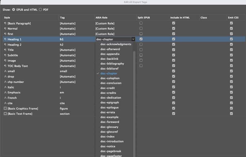 Screenshot from Edit All Export Tags showing a new column labelled ARIA Role and with the drop-down list of ARIA roles activated