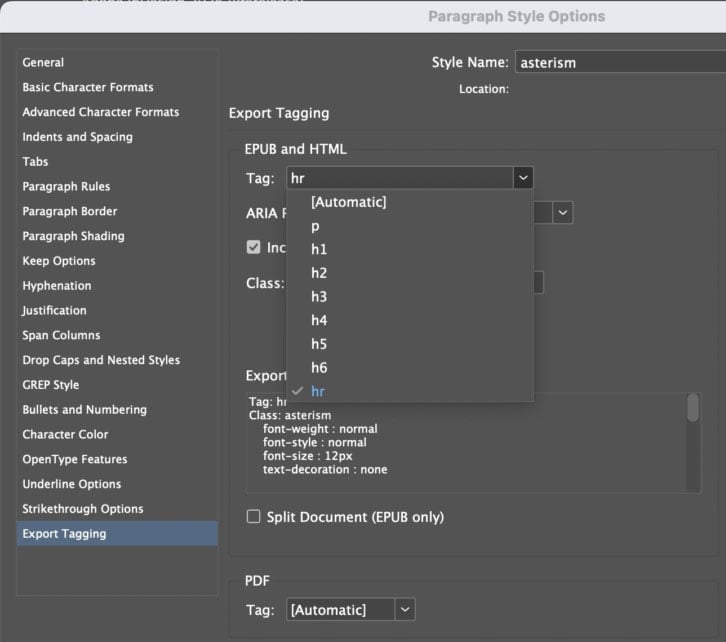 Screenshot showing the paragraph style export tagging dropdown menu with the hr option highlighted in blue.