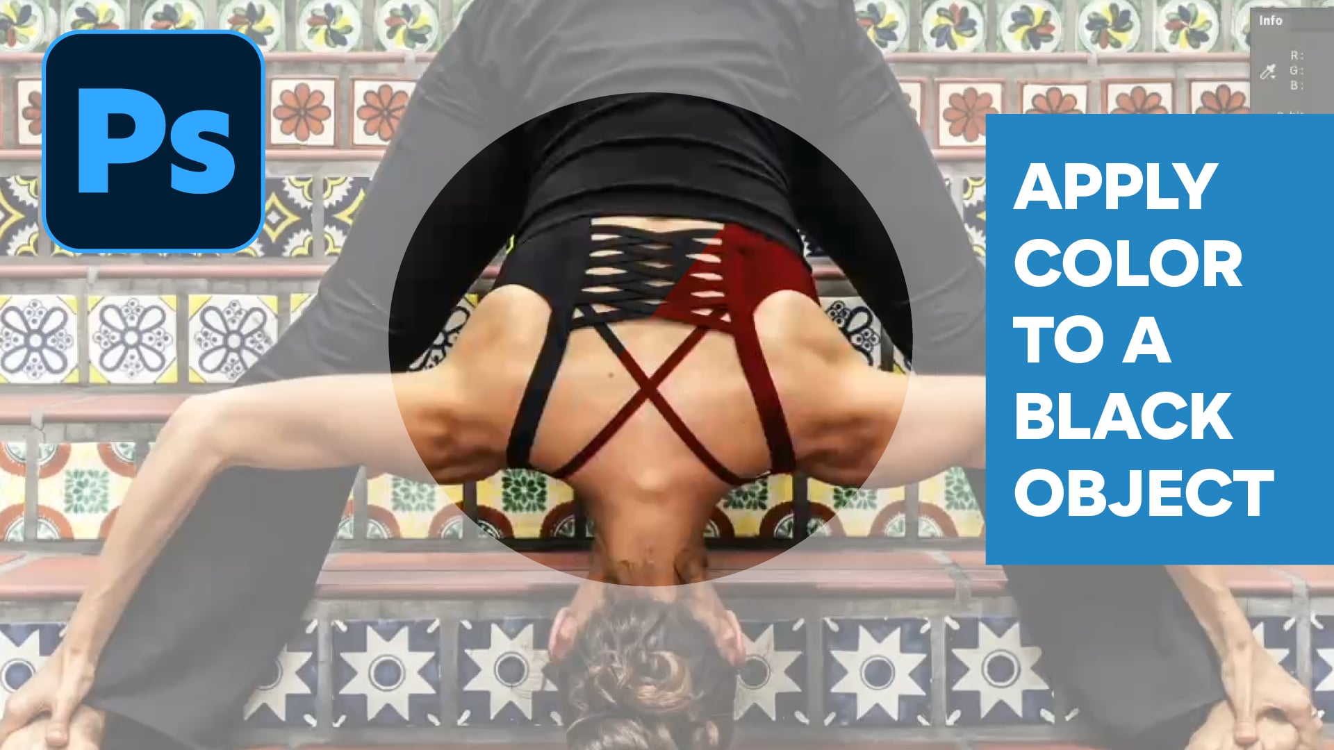 Thumbnail showing a person in an inverted pose with a large Photoshop logo on the left and a blue panel reading 'APPLY COLOR TO A BLACK OBJECT' on the right