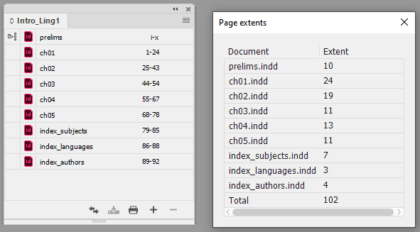 InDesign workspace: left panel lists Intro Ling1 chapters (ch01–ch05, indices, authors), right panel shows Page Extents with total 102 pages