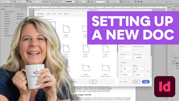 Smiling woman holds a mug in front of a computer screen showing InDesign’s New Document setup, with a purple banner 'Setting Up a New Doc'.