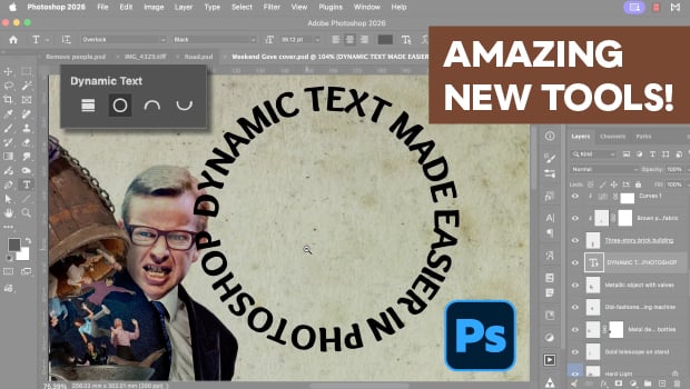 Screenshot of Photoshop 2026 workspace showing circular text on a poster, with the Photoshop icon visible.