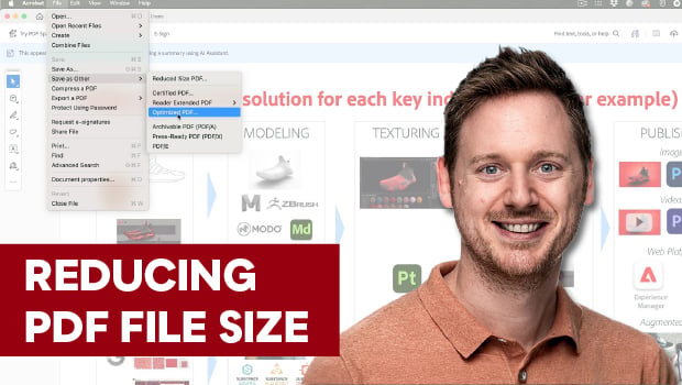 Smiling man beside a computer screen with an open menu and a bold red banner that reads 'REDUCING PDF FILE SIZE'—a tutorial thumbnail.