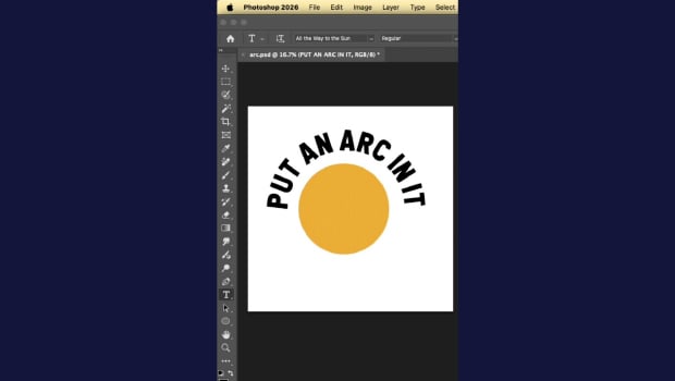 Screenshot of Photoshop interface showing a white canvas with a yellow circle and curved black text 'PUT AN ARC IN IT' around its top edge.