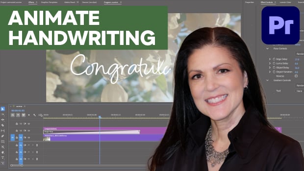 Smiling woman in front of a video editing workspace with a green banner reading 'ANIMATE HANDWRITING' and the word 'Congrats'.