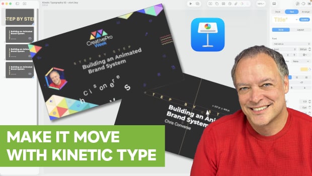 Thumbnail for a tutorial: 'Make It Move with Kinetic Type' with a smiling man in a red shirt beside design slides and software UI elements.