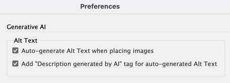InDesign Generative AI Preferences showing Alt Text turned on by default