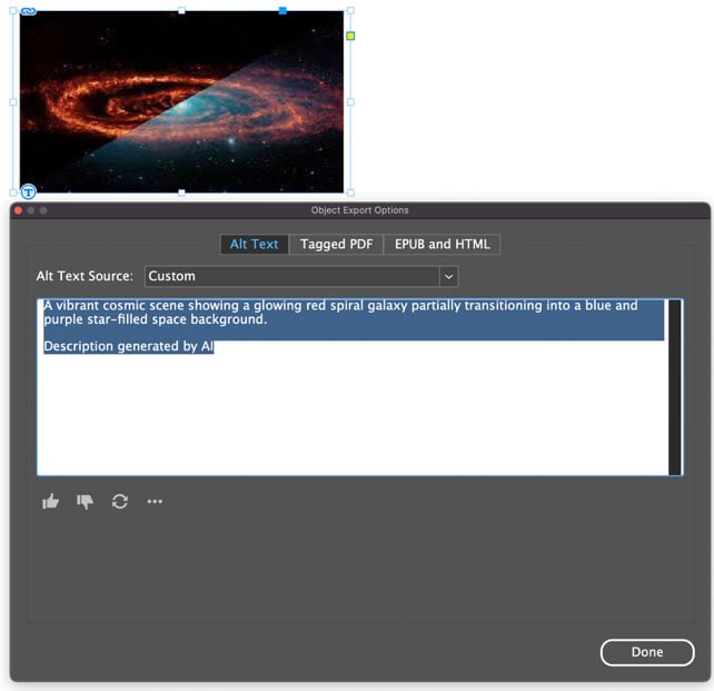 InDesign Object Export Options dialog box containing generated alt text for a placed image of a red spiral galaxy