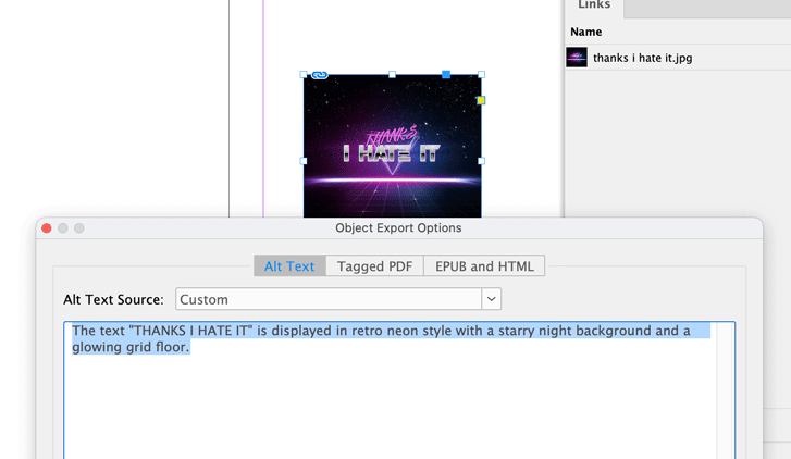 Placed image in InDesign showing correct alt text in the Object Export Options dialog box