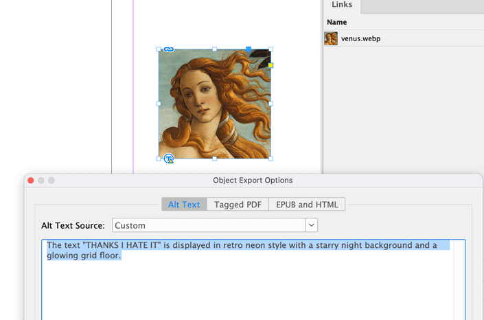 Relinked image in InDesign showing incorrect alt text in the Object Export Options dialog box