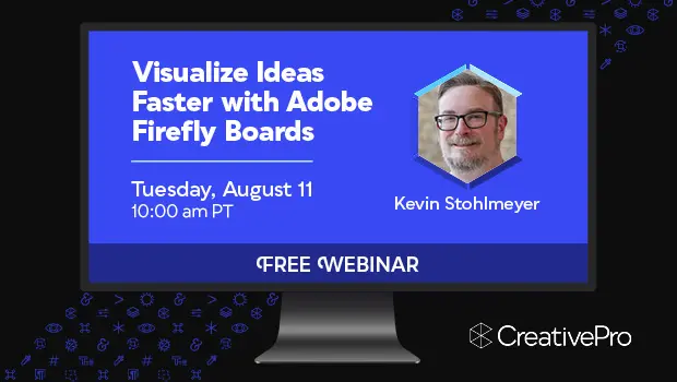 Promotional webinar banner on a monitor: 'Visualize Ideas Faster with Adobe Firefly Boards' with presenter Kevin Stohlmeyer and 'FREE WEBINAR'. Includes date/time.