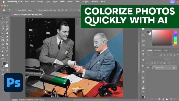 Screenshot of Photoshop workspace colorizing a black-and-white photo of two men shaking hands, with a green 'COLORIZE PHOTOS QUICKLY WITH AI' banner in the corner