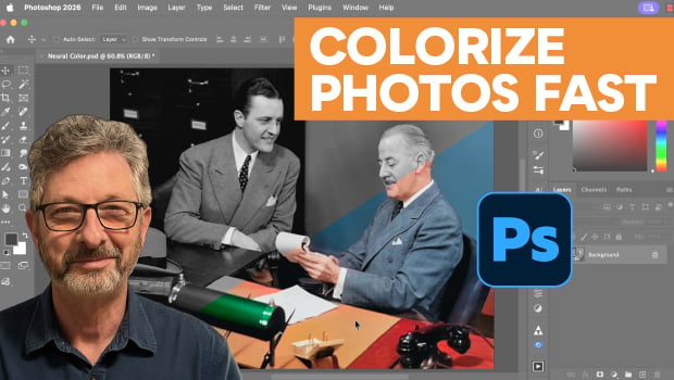 Promo image showing a man with glasses in the foreground, a grayscale historical photo being colorized on a Photoshop workspace in the background, and a bold orange banner reading 'COLORIZE PHOTOS FAST' with the Photoshop logo.