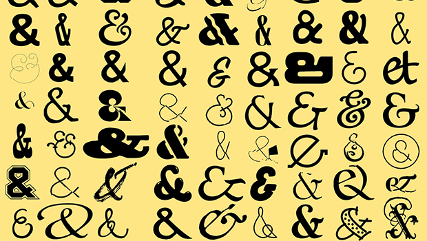 Decorative pattern of many black ampersands in various fonts on a pale yellow background.