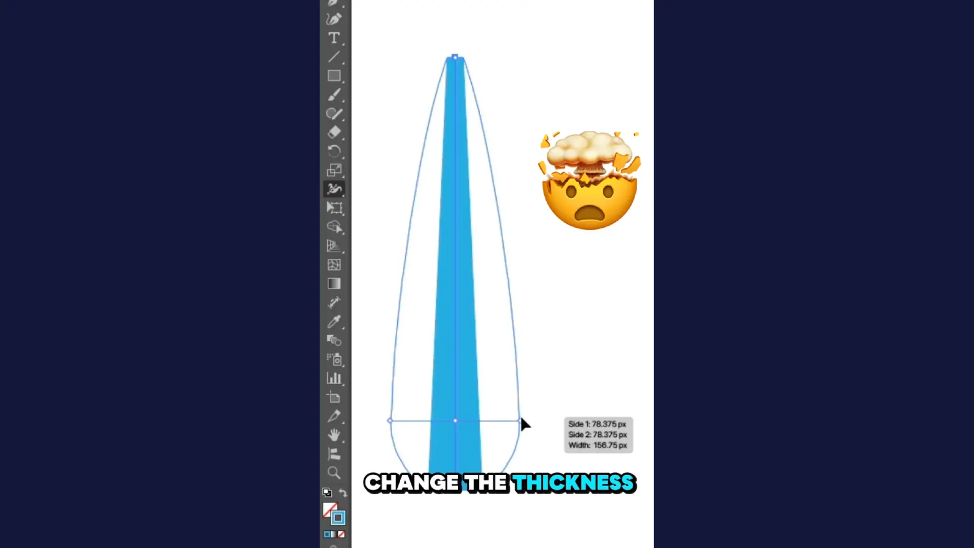Screenshot of a drawing app with a tall blue tapered shape and construction guides on a white canvas; a mushroom-emergency emoji to the right; caption 'CHANGE THE THICKNESS' at bottom.